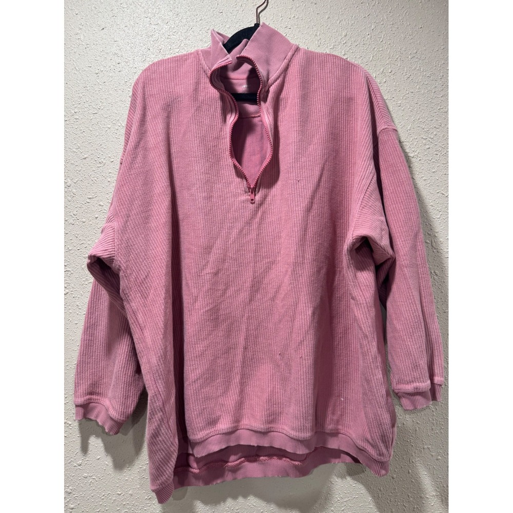 Aerie Womens Large Pink Ribbed Quarter Zip Pullover Sweatshirt Oversized